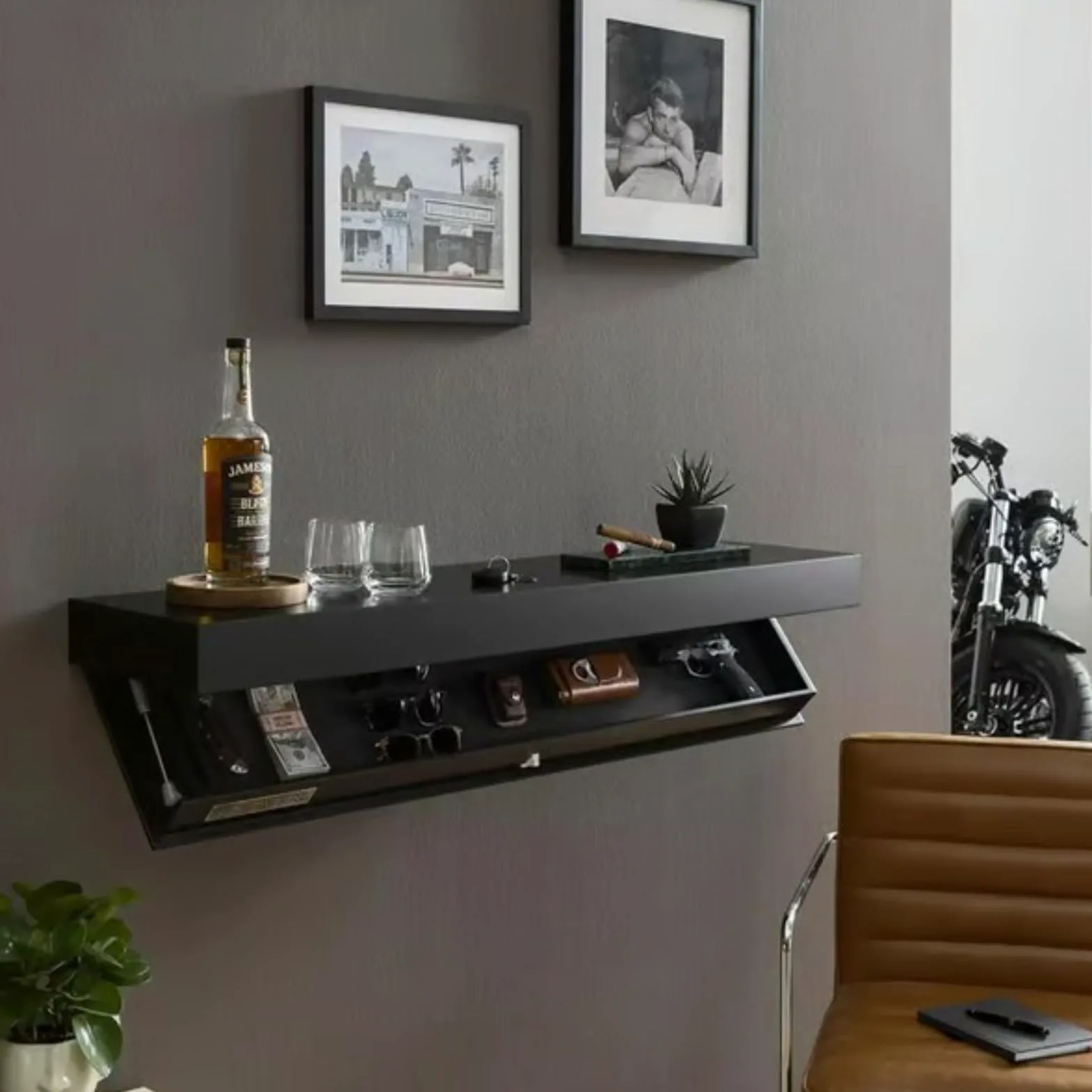 Versteckter Waffensafe, schwebender Waffensafe, Design Regal mit Geheimfächern, Wandmontage, kompakte Waffenaufbewahrung im Wohnzimmer