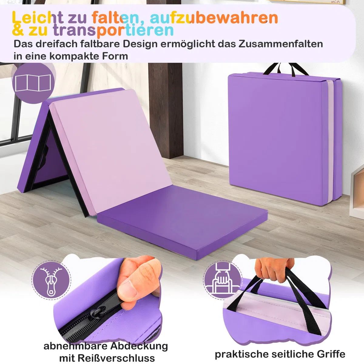 GOPLUS Weichbodenmatte, 180 x 60 x 5 cm Yogamatte rutschfest mit Klettverschlüssen & Tragegriffen, Gymnastikmatte klappbar aus PU-Leder, Turnmatte zum Trainieren von Gymnastik & Yoga
