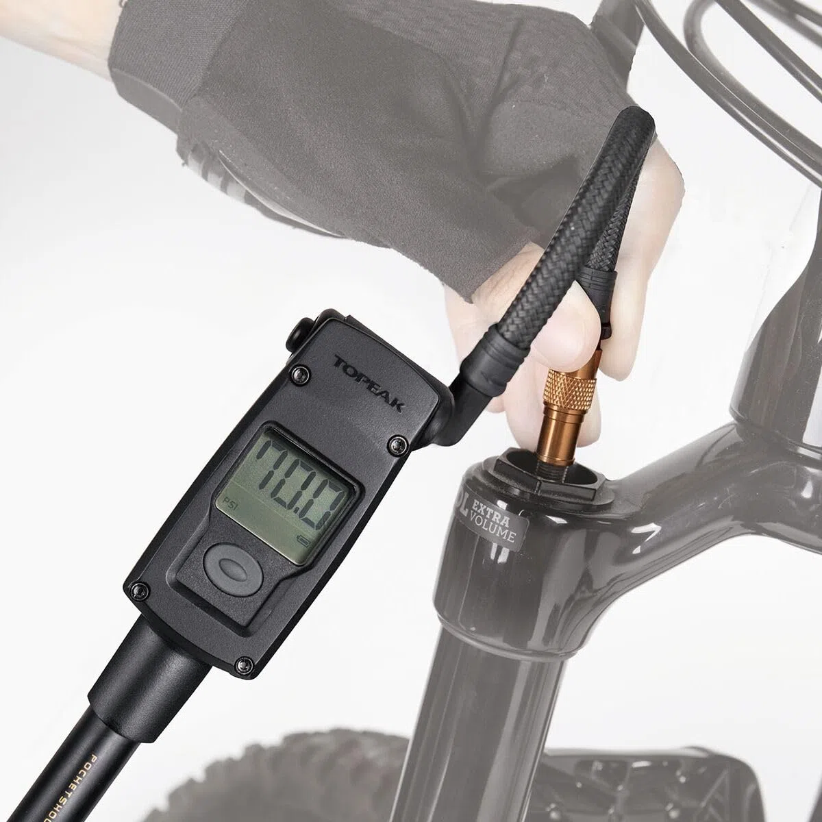 Topeak PocketShock Digitale Schock-Pumpe mit 300 PSI Digitalanzeige, Druck-Rite-Anschluss und Luftauslassknopf