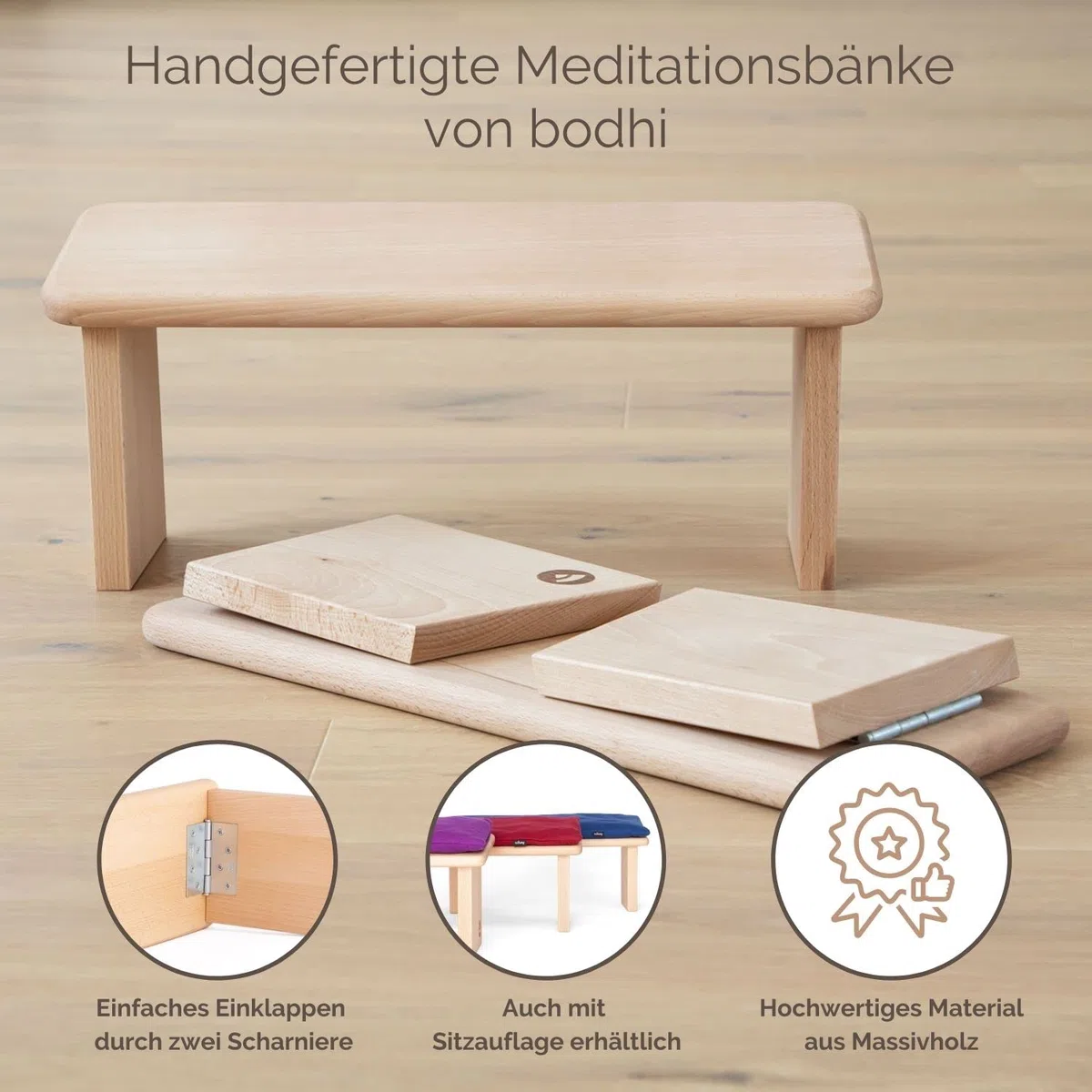Bodhi Meditationsbank aus Holz (Buche) | Yoga Hocker aus Holz | Kniesitz Medibank für eine Tiefe Meditation | Variation: Lhasa – Buche geölt mit Auflage (blau)