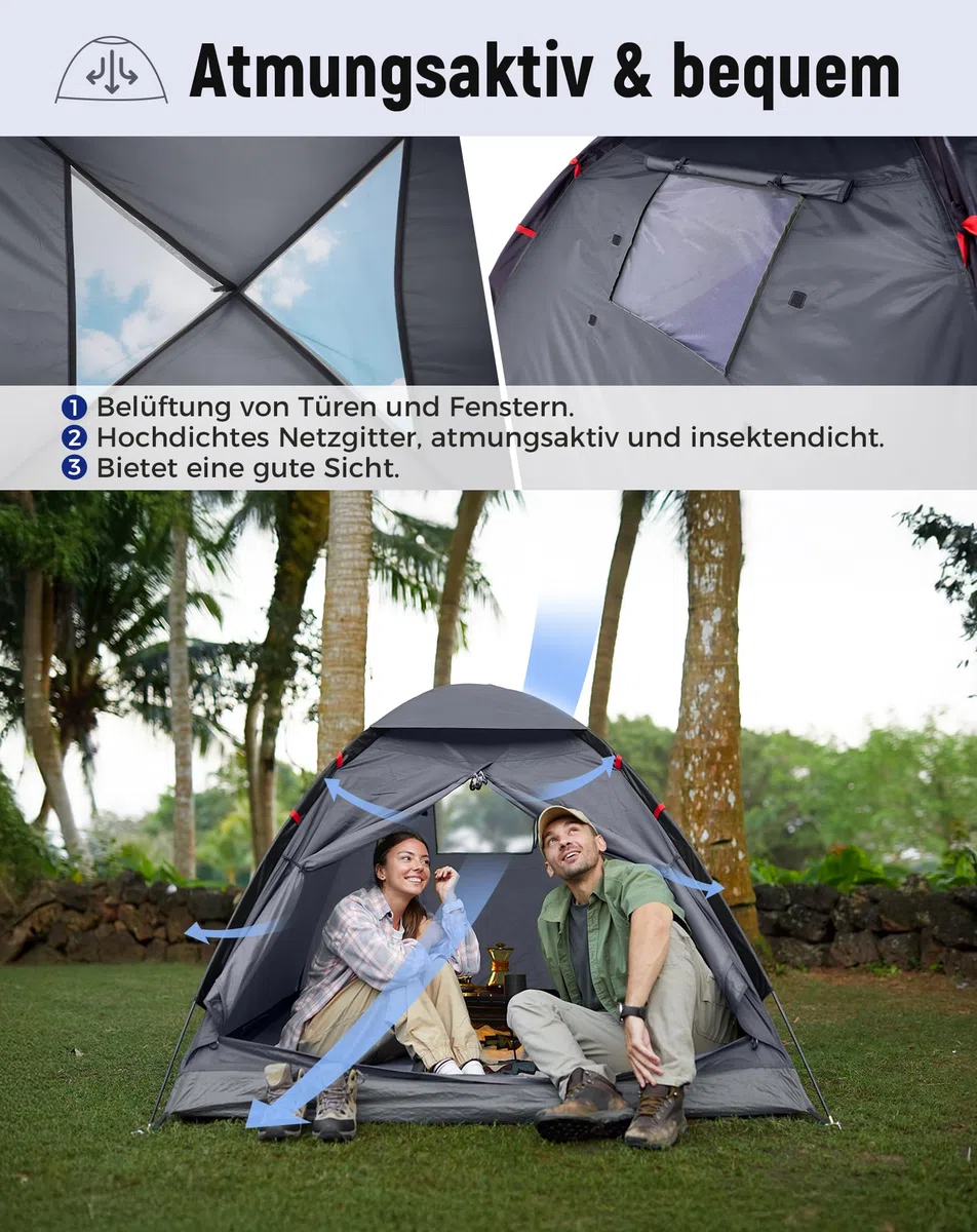 KingCamp 2-3 Personen Zelt Wasserdicht 3000mm Ultraleicht Camping Zelt mit Übergroßer Regenkappe & Reflektierenden Seilen -Kuppelzelte für Festival,Wochenend-Camping, Reisen - 210x180x130cm