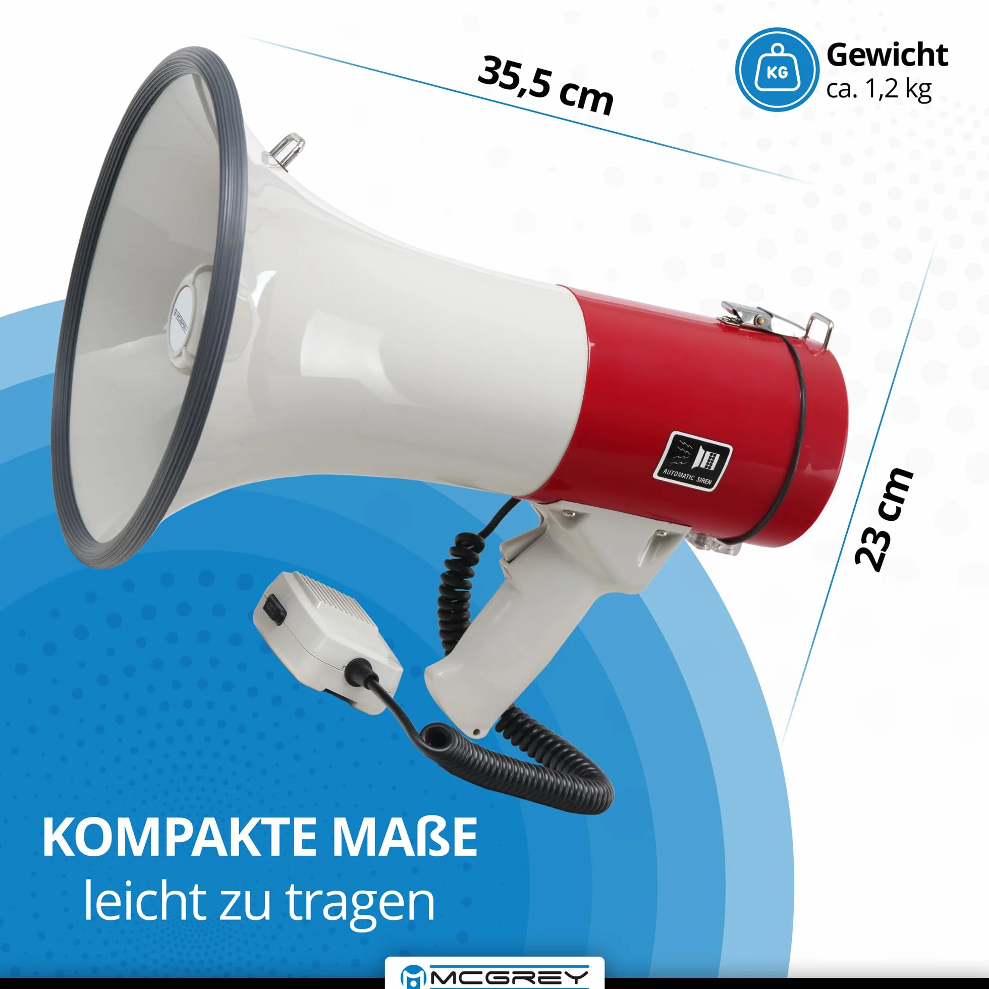 McGrey MP-500HS Megaphon (Sprachrohr, 25 Watt RMS/80 Watt MAX, bis zu 1000m Reichweite, Handmikrofon, Sirene, batteriebetrieben) weiß/rot