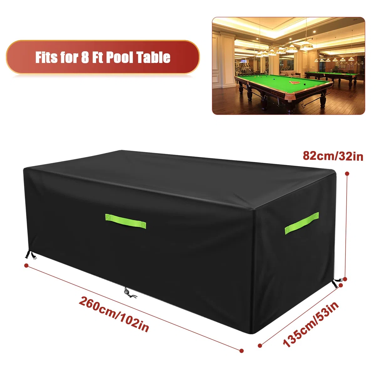 GEMITTO 7/8/9 ft Abdeckplanen für Billardtische Billard Tischabdeckung Billardtischabdeckung Snooker Waterproof Abdeckung Gartenmöbel Abdeckung für Billard, Snooker 420D-Polyester 102x53x32in
