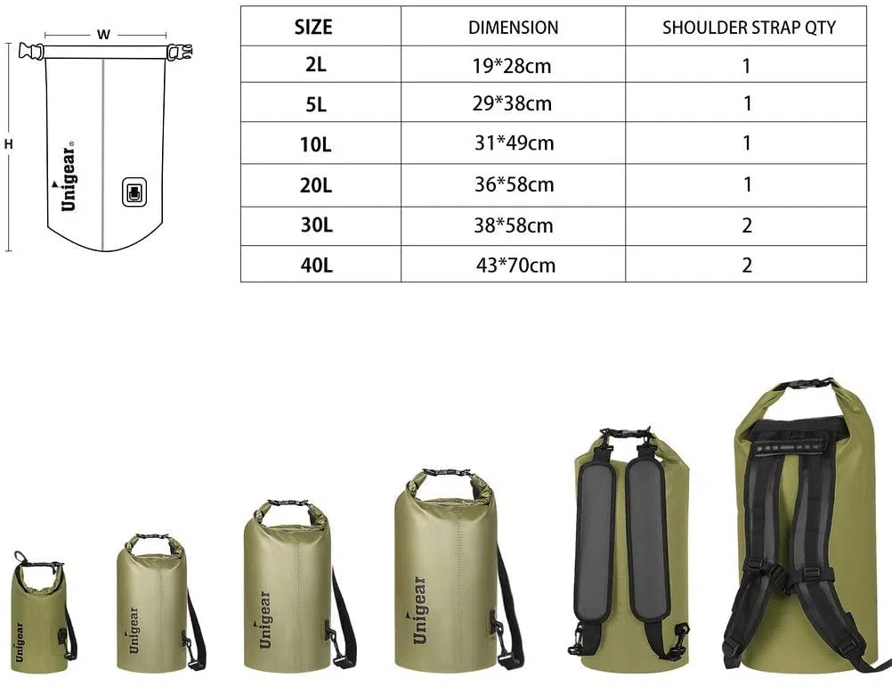Unigear wasserdichte Beutel/Dry Bag (2L/5L/10L/20L/30L/40L) für Aktivitäten im Freien und Wassersport, Camping, Kajak, Angeln, mit Einer Wasserdichten Handytasche