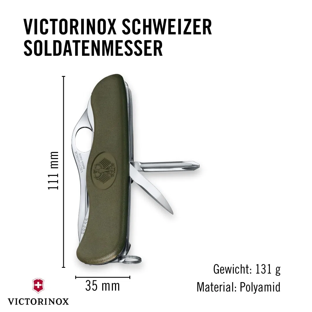 Victorinox Schweizer Taschenmesser Trailfinder, Soldatenmesser, 10 Funktionen, Multitool mit Einhandklinge, Dosenöffner, Schraubendreher, Grün