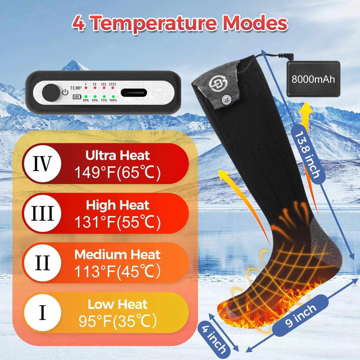 Beheizbare Socken 5v 8000mAh Wiederaufladbare Fußwärmer Warme Socken Damen Herren APP-Steuerung Beheizte Socken 4 Temperatur Heizsocken Skisocken für Outdoor Skifahren Wandern Winter Camping