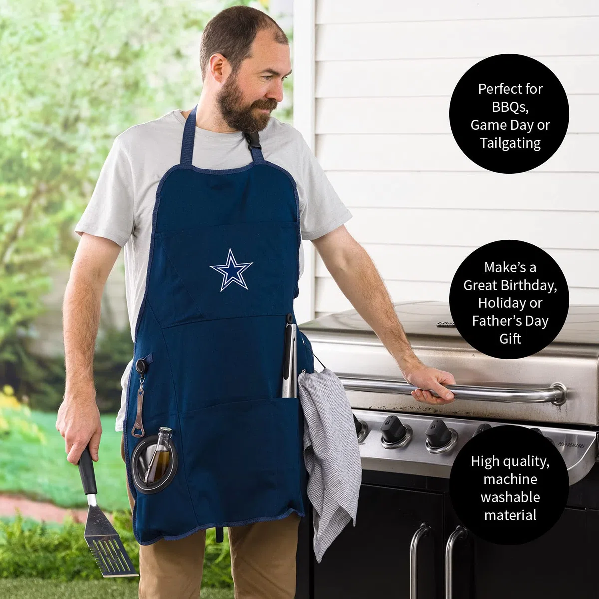 Team Sports America NFL Ultimate Grilling Apron with Bottle Opener and Insulated Beverage Holder, Adjustable Straps