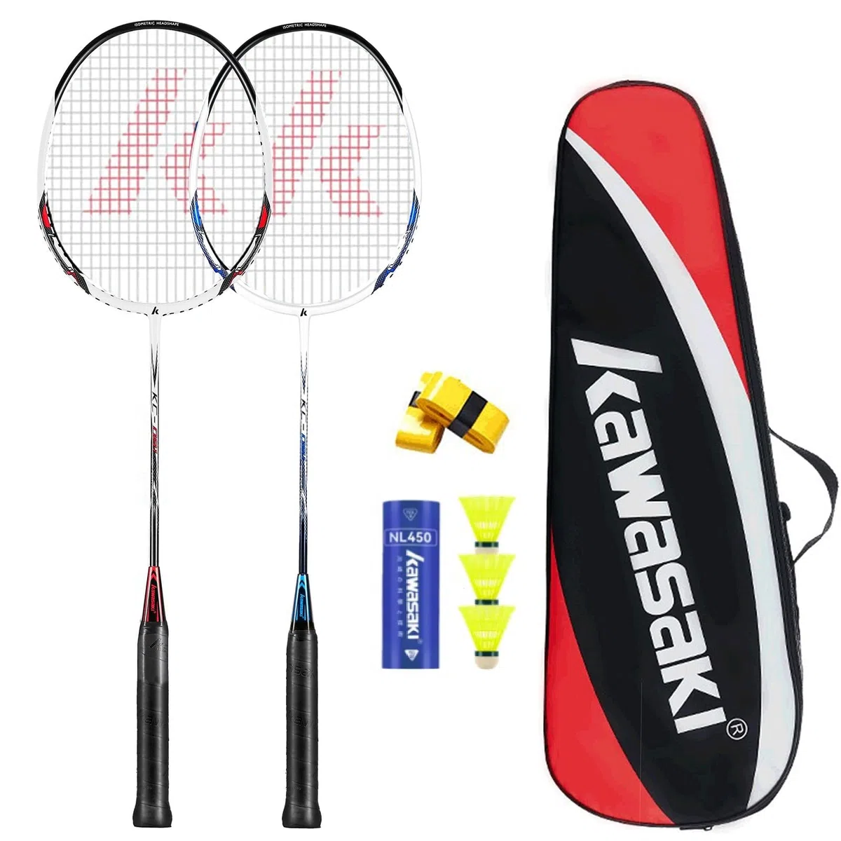 Kawasaki Badmintonschläger Graphit Badminton Set Profi Badminton schläger Leichtgewicht für Sport, Training und Unterhaltung mit 3 Federbälle, 2 Griffbänder & Schlägertasche