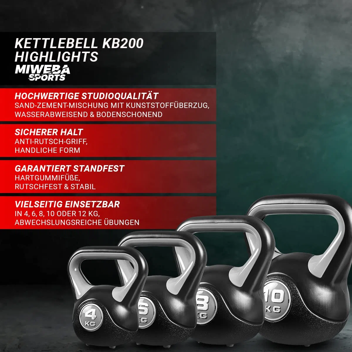 Miweba Sports Kettlebell KB200 | 4.0-12.0 Kg Gewichte - Kugelhantel - Kugelgewicht - Schwunghantel - Kettlebells - Hanteln - Hantel für Indoor & Outdoor - Krafttraining - Bodenschonend