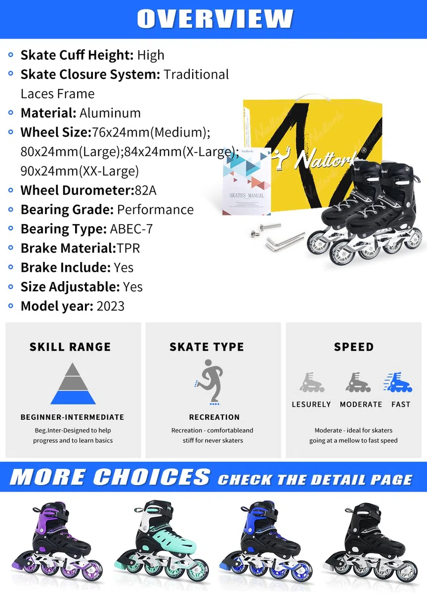 Nattork Inliner für Kinder und Erwachsene, 4 Größen Verstellbare Inline Skates Herren Damen, Rollerblades Outdoor und Indoor Anfänger