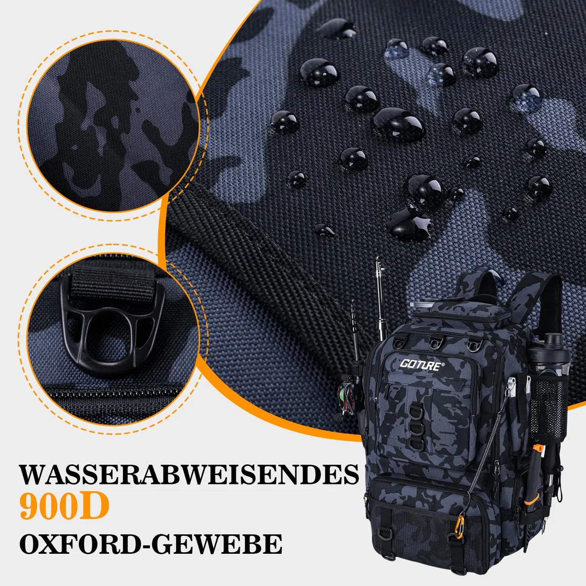 Goture Angelrucksack mit Kühltasche, 40-Liter Angelzubehör-Rucksack mit Zwei Rutenhaltern, 900D Oxford-Gewebe Wasserabweisende Angelgerätetasche mit verstellbarem Fach