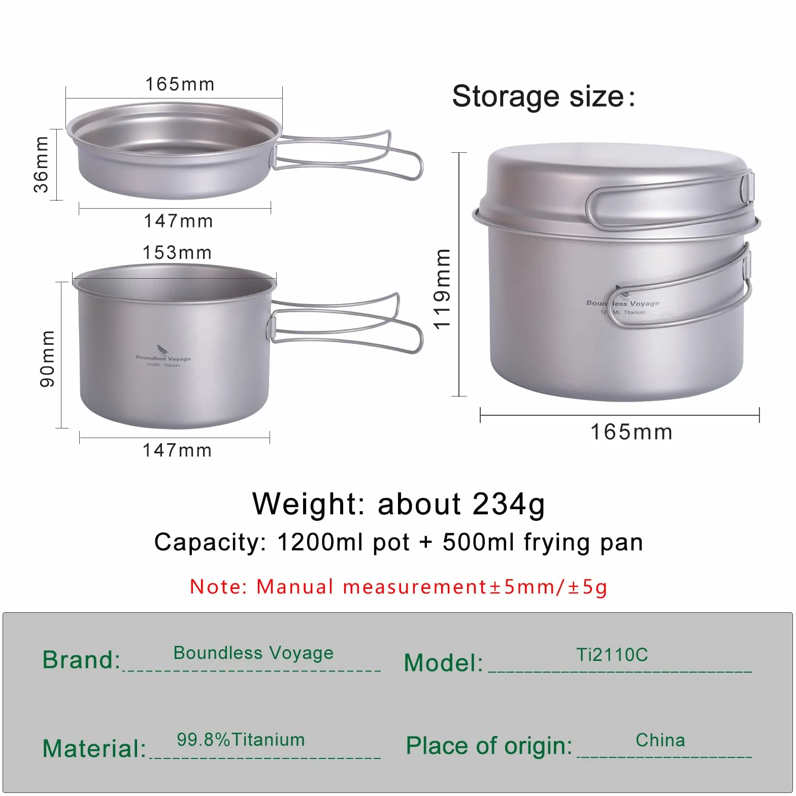 iBasingo Titan Topf Pfanne Set 1200ml & 500ml Camping Kochgeschirr Outdoor Schüssel Set Leichte Koch Mess Kit mit Klappgriff Küchen Utensilien Campingausrüstung für 1 Personen 2 Stücke/Set Ti2110C