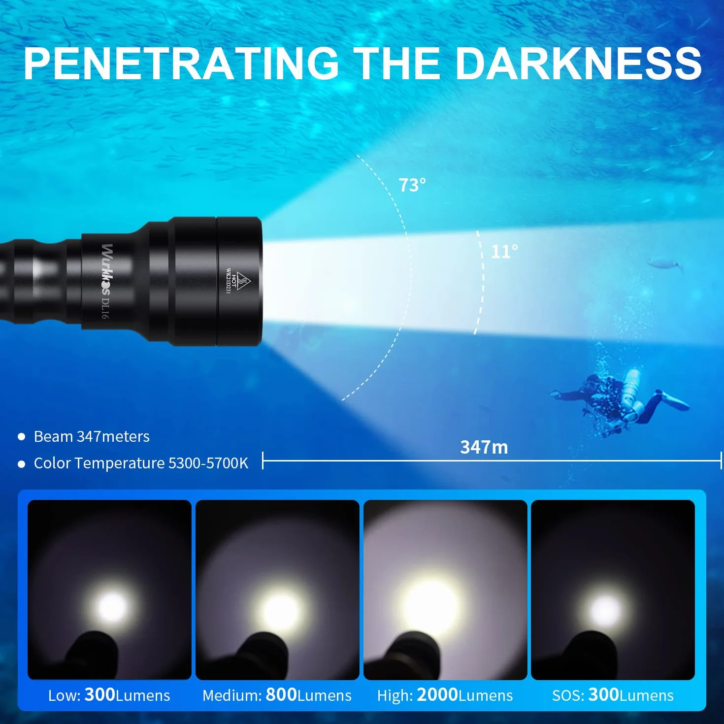 Wurkkos DL16 Tauchlampe, 2000 Lumen Tauchen Taschenlampe Wiederaufladbar, IPX8 Wasserdicht, 1* SST40 LED Unterwasser Taschenlampe mit und Ladegerät