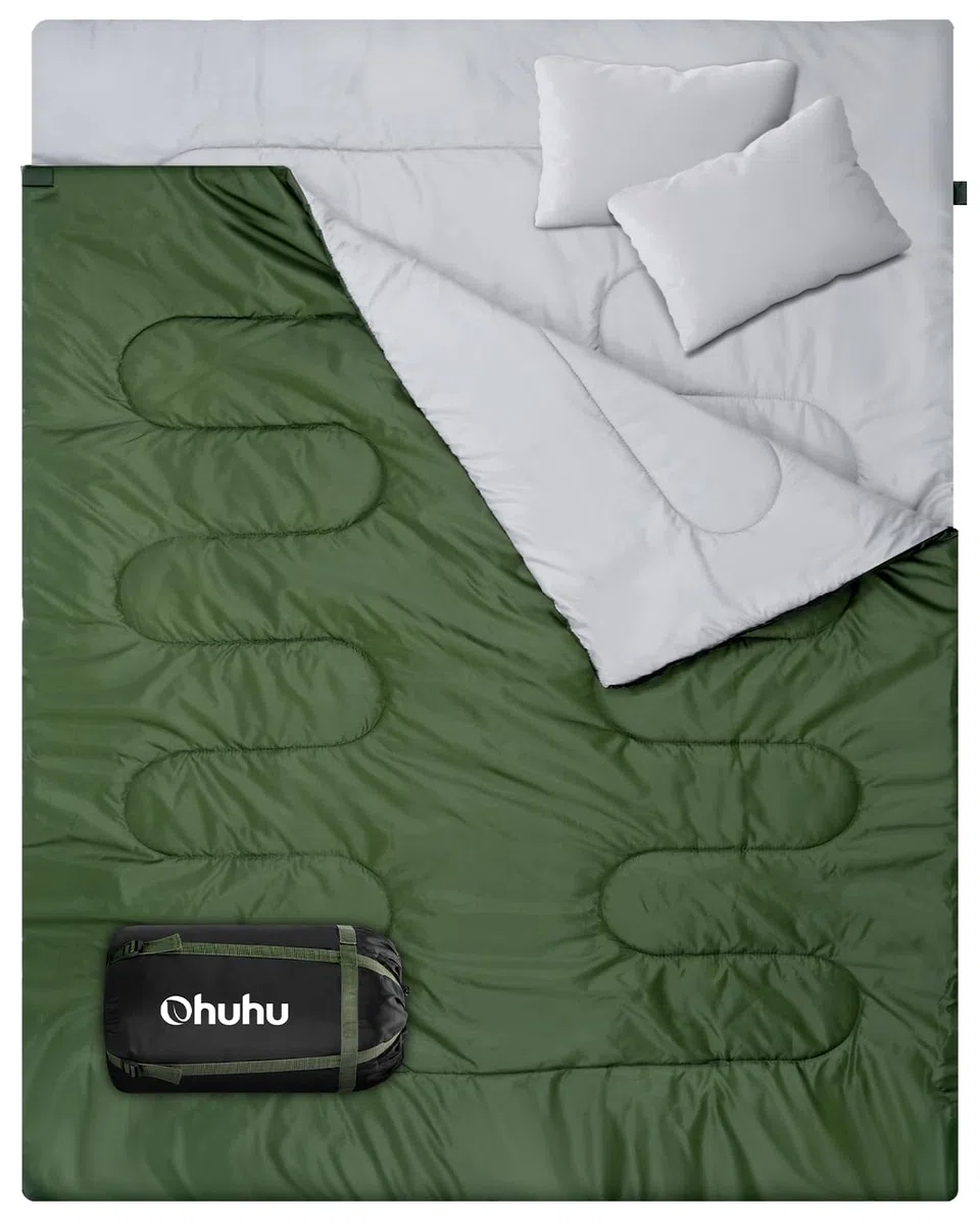 Ohuhu Doppelschlafsack, Schlafsack 2 Personen 220x150cm Schlafsack Outdoor mit 2 Kissen Deckenschlafsack für Camping, Wandern, Familie & Festival