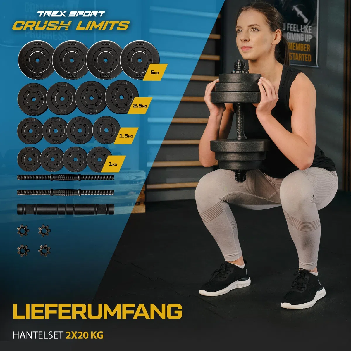 TREX SPORT Hanteln 2er Set Kurzhanteln & Langhantel | 20kg 40kg Hantelset | Kurzhanteln Set, Dumbbell Hanteln Set, Kurzhantel mit Verbindungsrohr & Langhantel, rutschfeste Griffe, robust