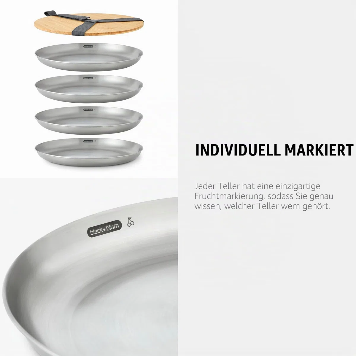 BLACK + BLUM Picknickteller 4er Set - Edelstahl Teller mit Bambus Schneidebrett Deckel und Tragegurt