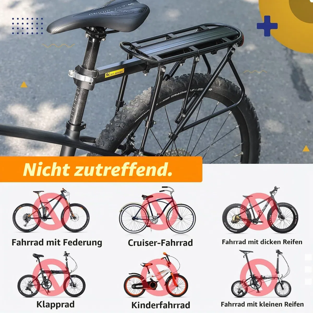 West Biking Fahrrad Gepäckträger Mountainbike - 100 KG Belastung Stabilem MTB Gepäckträger Einstellbare Fahrradgepäckträger, Schnellverschluss Gepäckträger Fahrrad mit Reflektor Fahrradzubehör