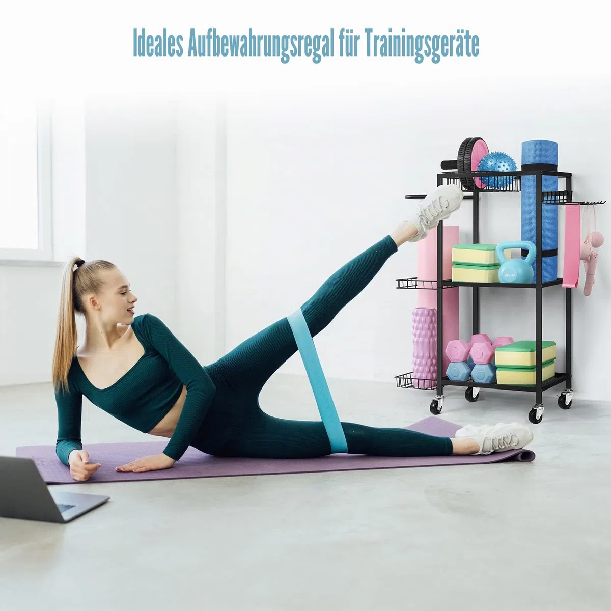 LIANTRAL Hantelständer, Yogamatte Aufbewahrung mit Rädern und Haken, Fitnessgeräte Aufbewahrungsregal, multifunktionaler Kurzhantelständer Yoga Matte Hantelablage, Gewichtsregal für Heim-Fitnessstudio