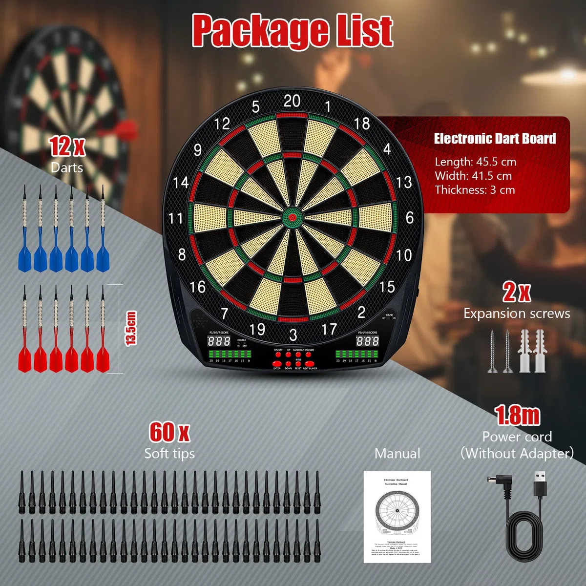 Elektronische Dartscheibe, Profi Dart Scheibe mit 35 Spielen, LCD-Display, Sprachansage, für 1-8 Spieler, Soft-Tip Pfeile, Netz-& Batteriebetrieb, Elektronische Dartboards mit Schutzring, Auto-Scoring