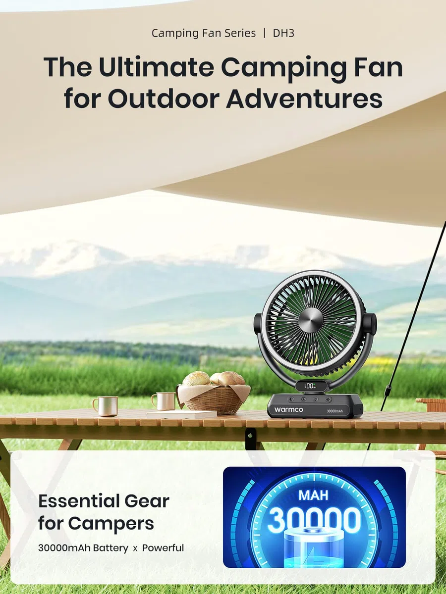 Warmco Tragbarer Campingventilator, 30.000 mAh, 17,8 cm, wiederaufladbar, batteriebetrieben, mit Licht und Haken, 5 Geschwindigkeiten und LED-Display, ideal für drinnen, draußen, Zelt, Reisen, Grillen