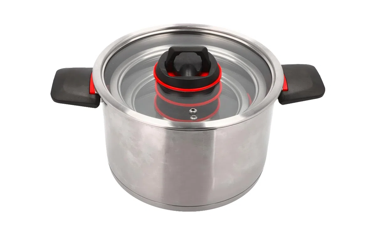 BERGER RedSilva Topfset Induktion 6-tlg. | Camping Kochgeschirr-Set aus Edelstahl | Kochtopf Set Outdoor mit Glasdeckel & klappbaren Griffen | Picknick Topf Geschirrset stapelbar