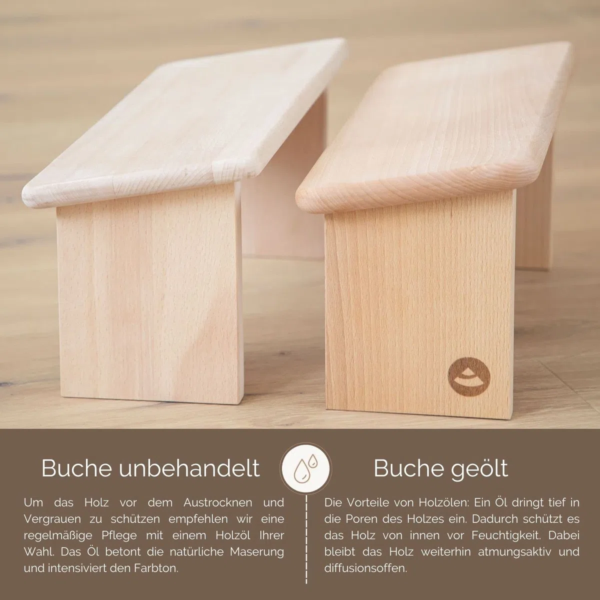 Bodhi Meditationsbank aus Holz (Buche) | Yoga Hocker aus Holz | Kniesitz Medibank für eine Tiefe Meditation | Variation: Lhasa – Buche geölt mit Auflage (blau)