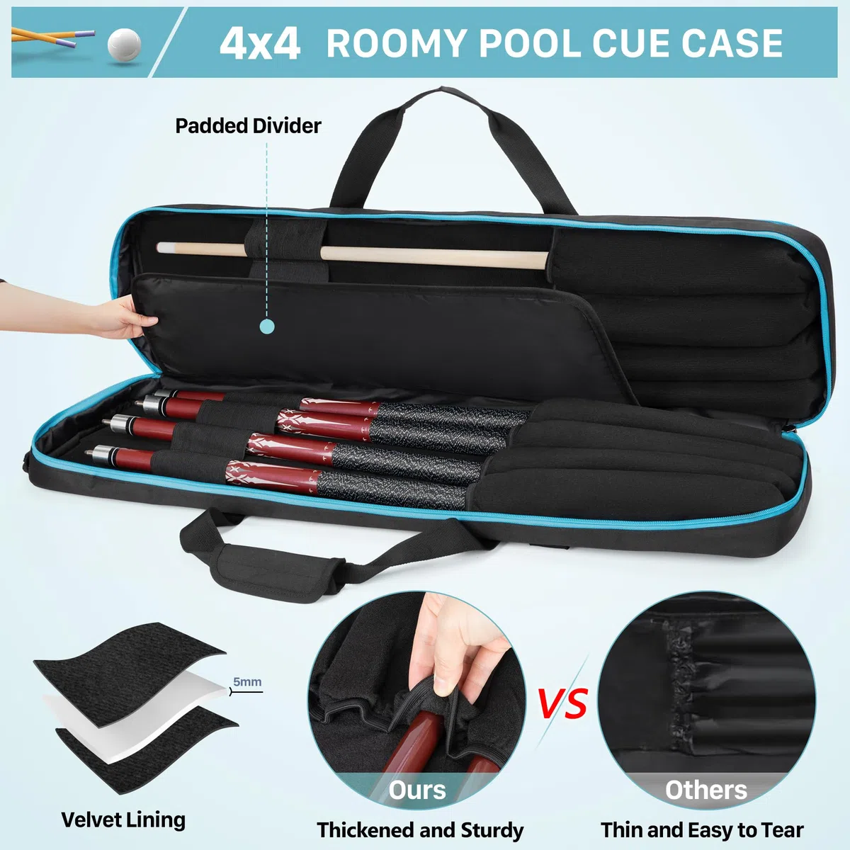 GOBUROS 4x4 Billard Queue Koffer für bis zu 4 Unterteile und 4 Schäfte, Pool Stick Tragetasche mit Zubehörtaschen vorne, Billard Queue Tasche mit Schultergurten