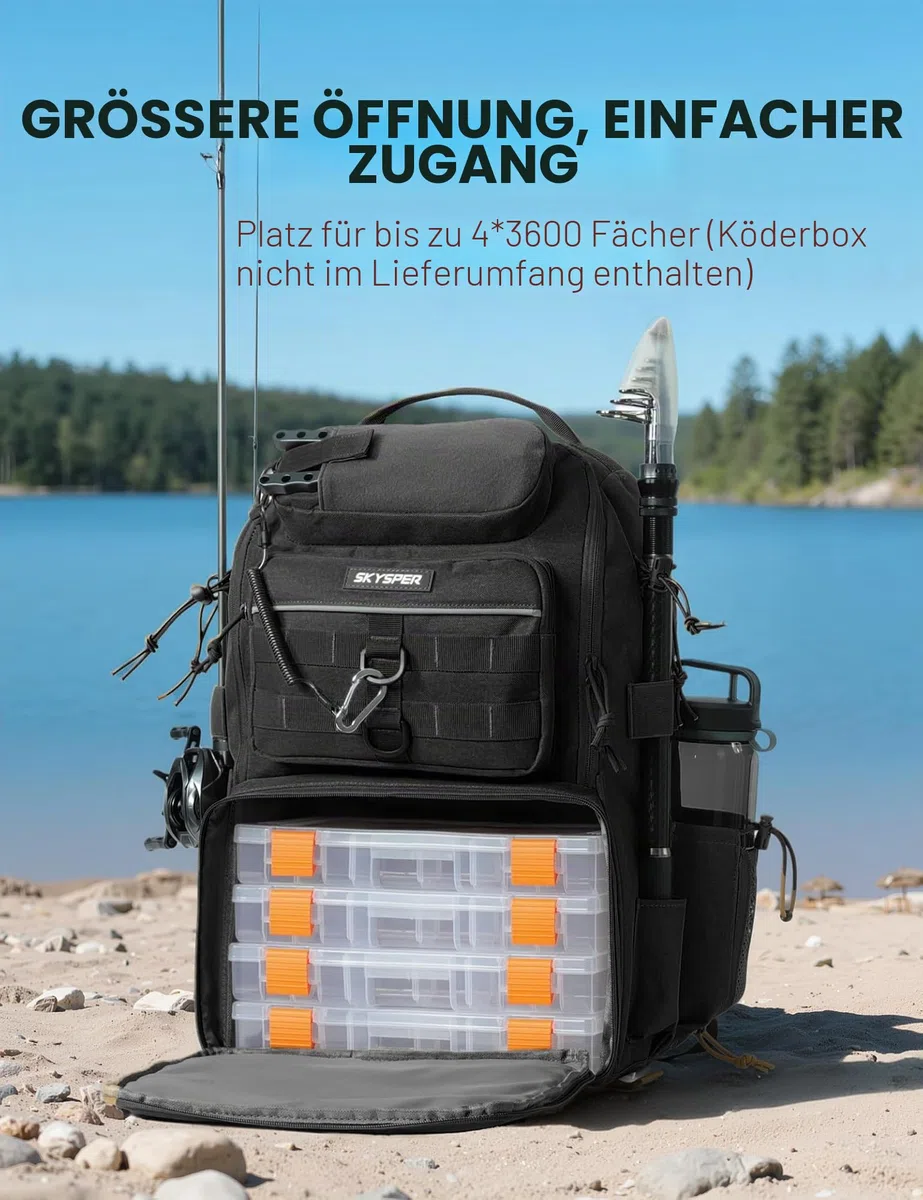 SKYSPER Angelrucksack mit Rutenhalter, 40-Liter Angeln Rucksack mit Verstellbarem Fach für Angeln