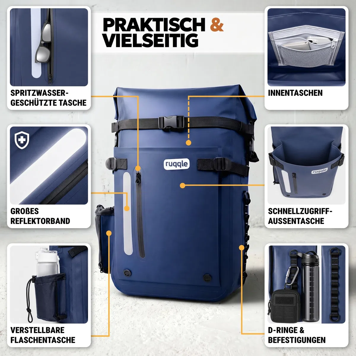Ruqqle Wasserdichter Rucksack, vielseitig, wasserdicht Tasche, Dry Bag 20/30/45 l, mit 3 Außentaschen, komfortabel, RollTop, Strand, Boot, Kanu, Paddel, Kajak, Wandern, Camping, Angeln, Motorrad