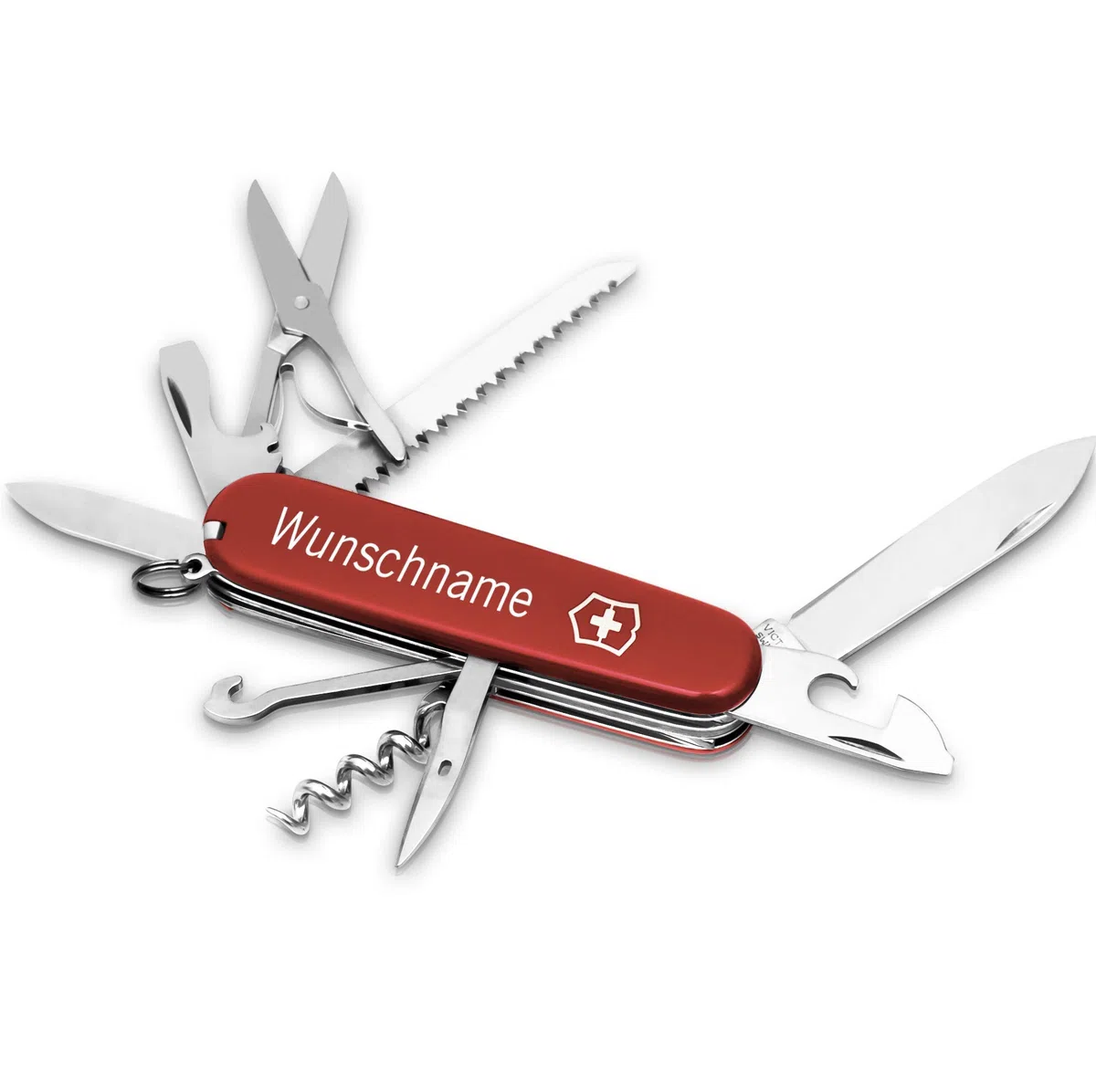 Victorinox Huntsman Schweizer Taschenmesser personalisiert mit Namen/Multitool Camping und Outdoor mit Schere und Säge / 15 Funktionen/Swiss Knife/Geschenke für Männer/Männergeschenke