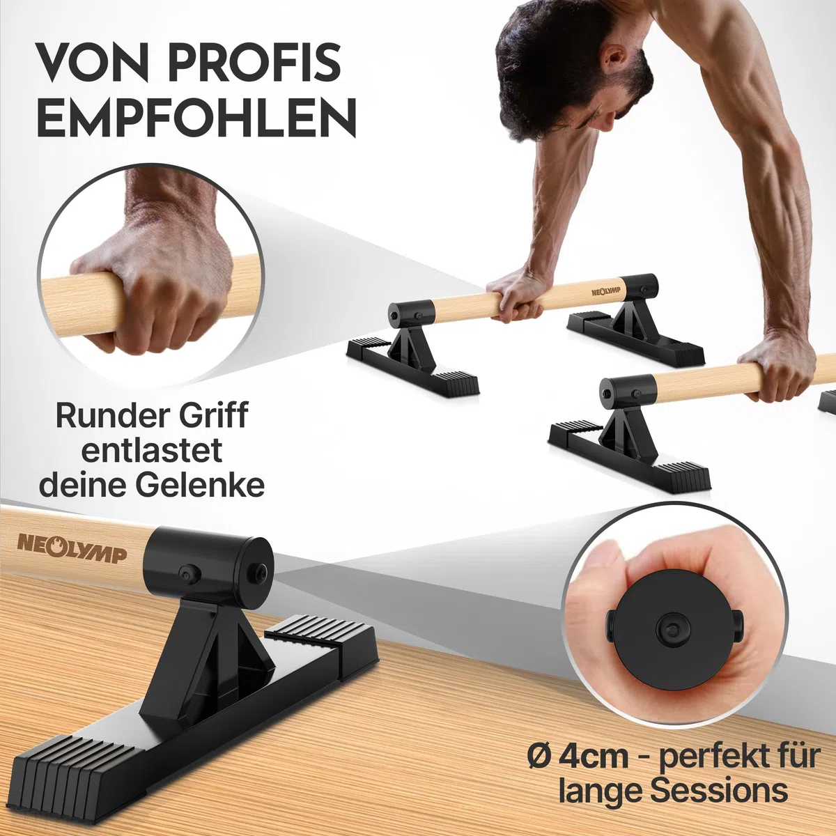 NEOLYMP 2er Set handgelenkschonende Holz Liegestützgriffe mit Calisthenics-Übungen - handgefertigten Parallettes, Push up Bar, Handstand Griffe, Dip Barren, Calisthenics-Equipment