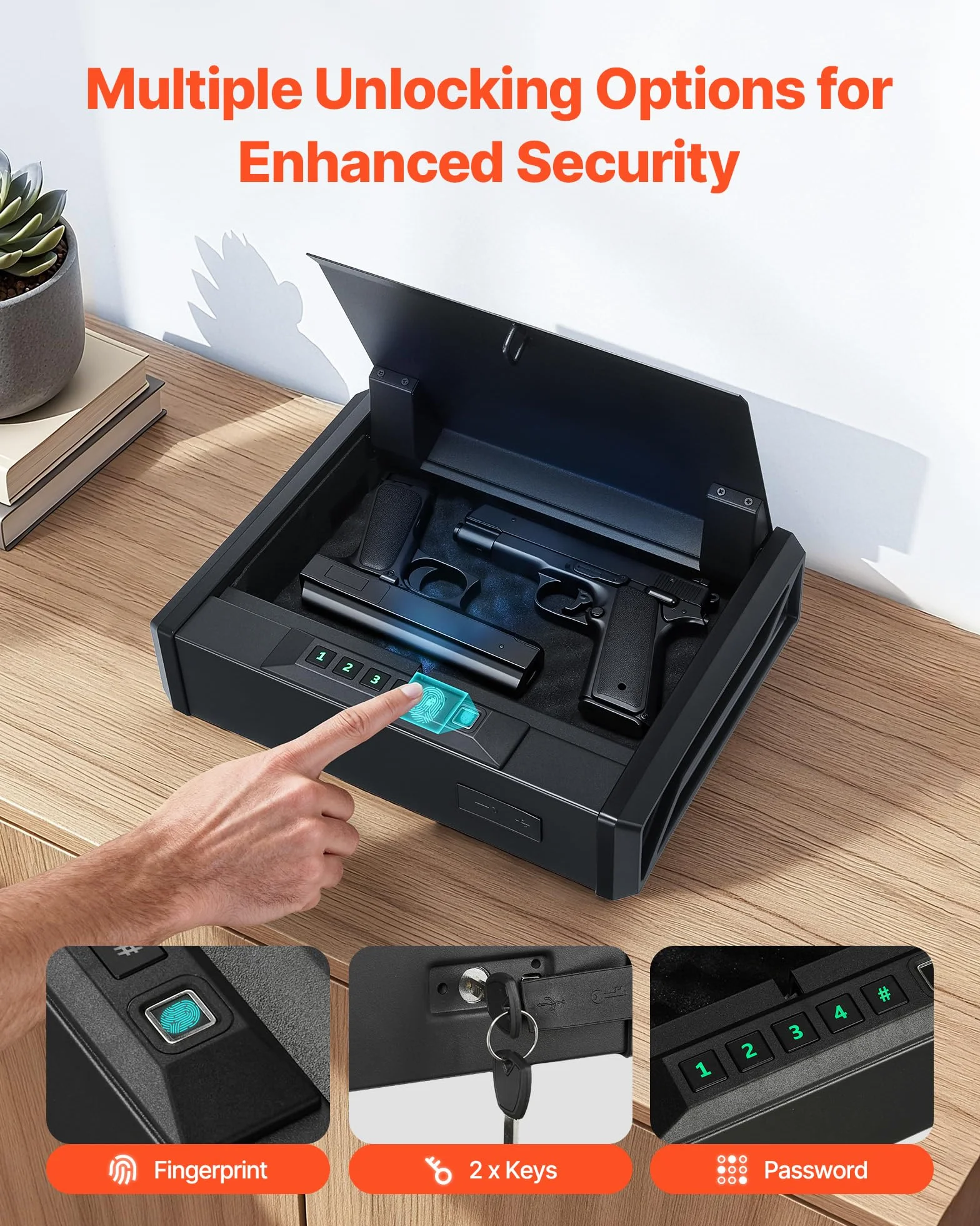 VEVOR Waffentresor Pistolentresor mit Fingerabdruck/Passwort (vierstelliger Code)/Schlüssel, Waffensafe Waffenkofferbox mit Beleuchtung für 2 Pistole & 2 Magazine, 360 x 275 x 90 mm Waffenbox