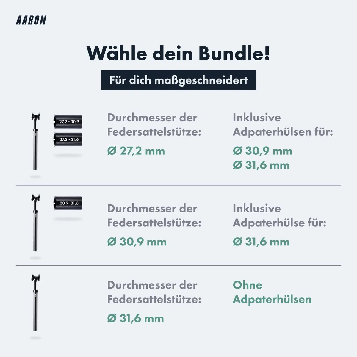 AARON Shock Federsattelstütze mit 27,2, 30,9 oder 31,6 mm Durchmesser - Gefederte Aluminium Sattelstütze mit 350mm Länge - Fahrrad Sattelstütze gefedert für E-Bike, MTB, Downhill, Trekking Citybike