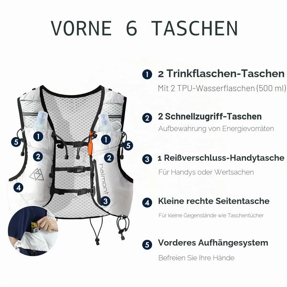 Haimont Laufweste Trinkweste für Damen und Herren Leicht Running Weste mit 2 Trinkflasche Laufen Wandern Joggen Trail 8L