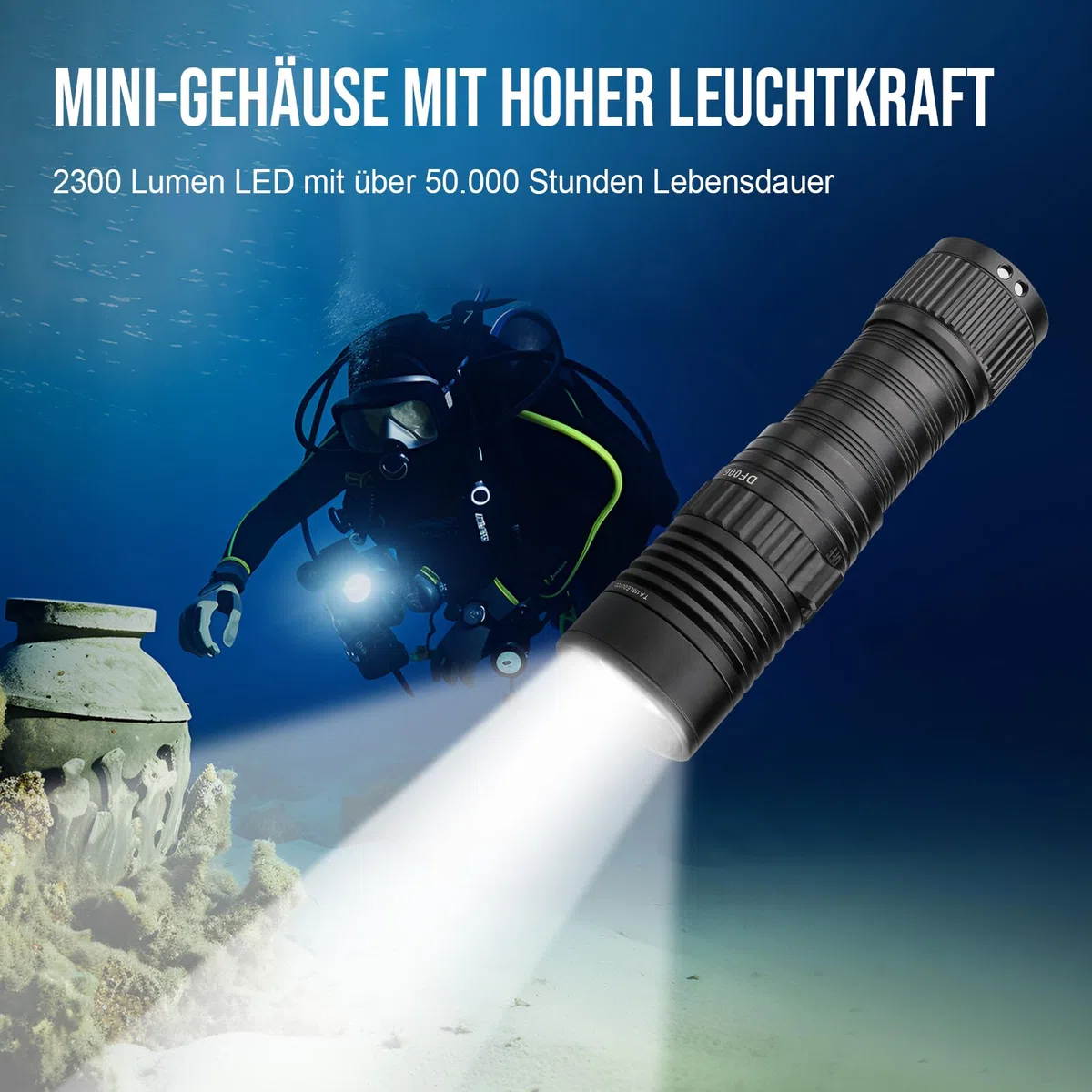 Trustfire DF006 Tauchlampe, 2300 Lumen Tauchen Taschenlampe Wiederaufladbar, 100 Meter Tauchtiefe LED Unterwasser Taschenlampe, 3 Lichtmodi Taucherlampe mit Handschlaufe